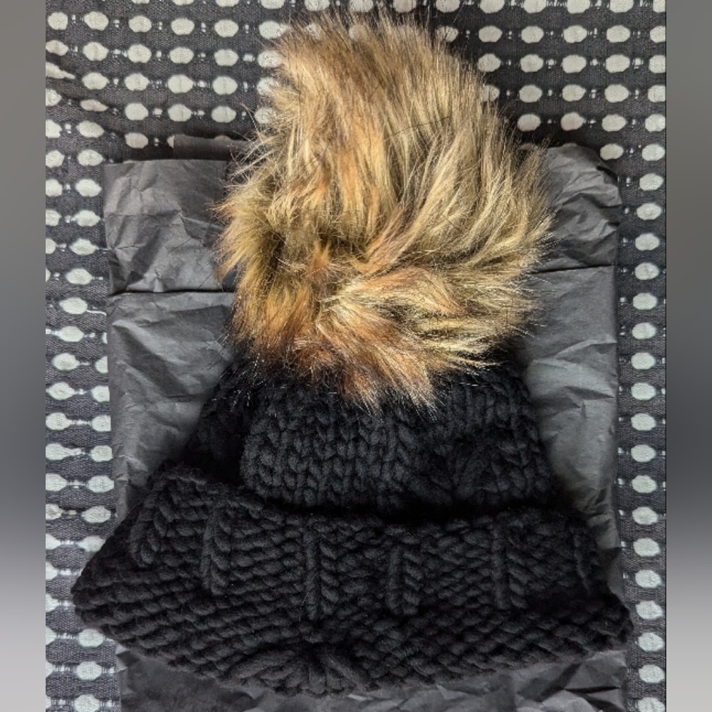 Cozy Black Knit Hat with Faux Fur Pom